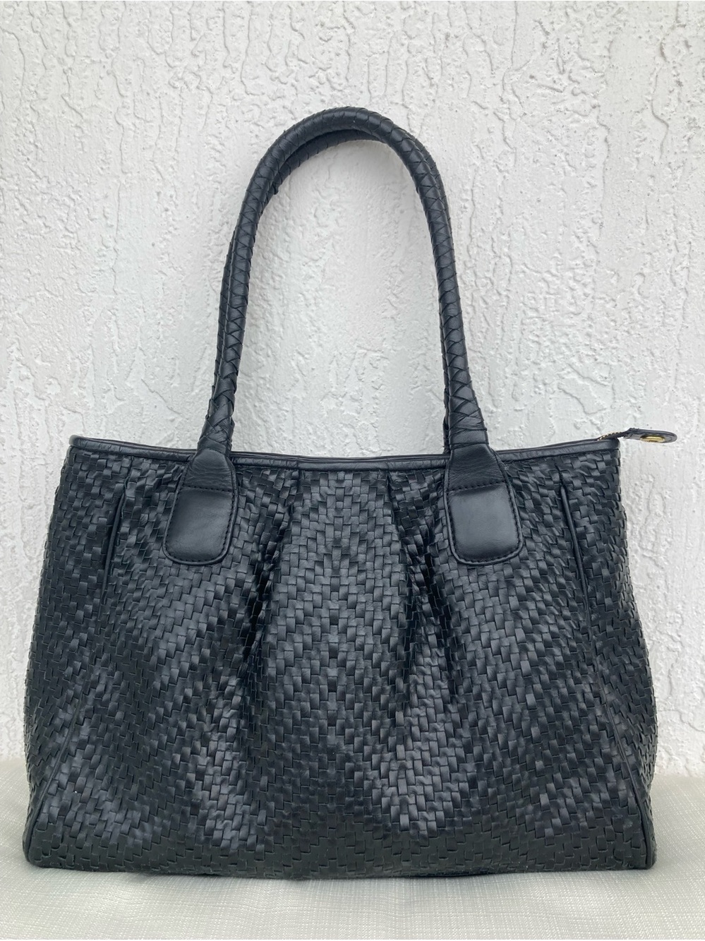 Le Tanneur Black Woven Leather Tote Bag Braided Shoulder Handbag Made in India